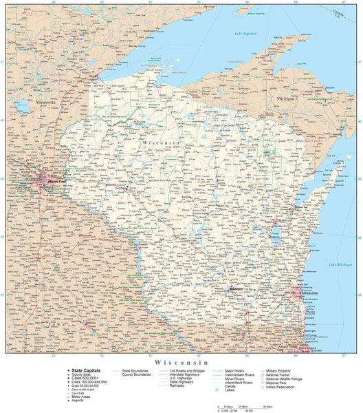 Large Detailed Roads And Highways Map Of Wisconsin State Wisconsin