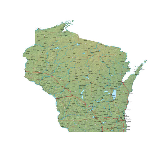 Digital Wisconsin map in Fit Together style with Terrain WI-USA-852139