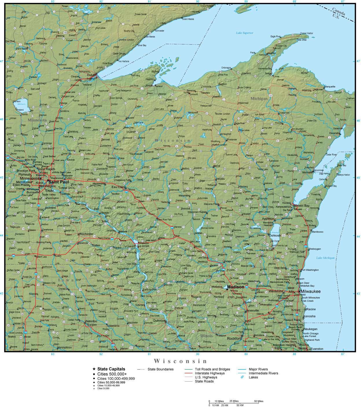 Wisconsin America Map Detailed Wisconsin Map Wi Terrain Map Wisconsin State & Federal Public