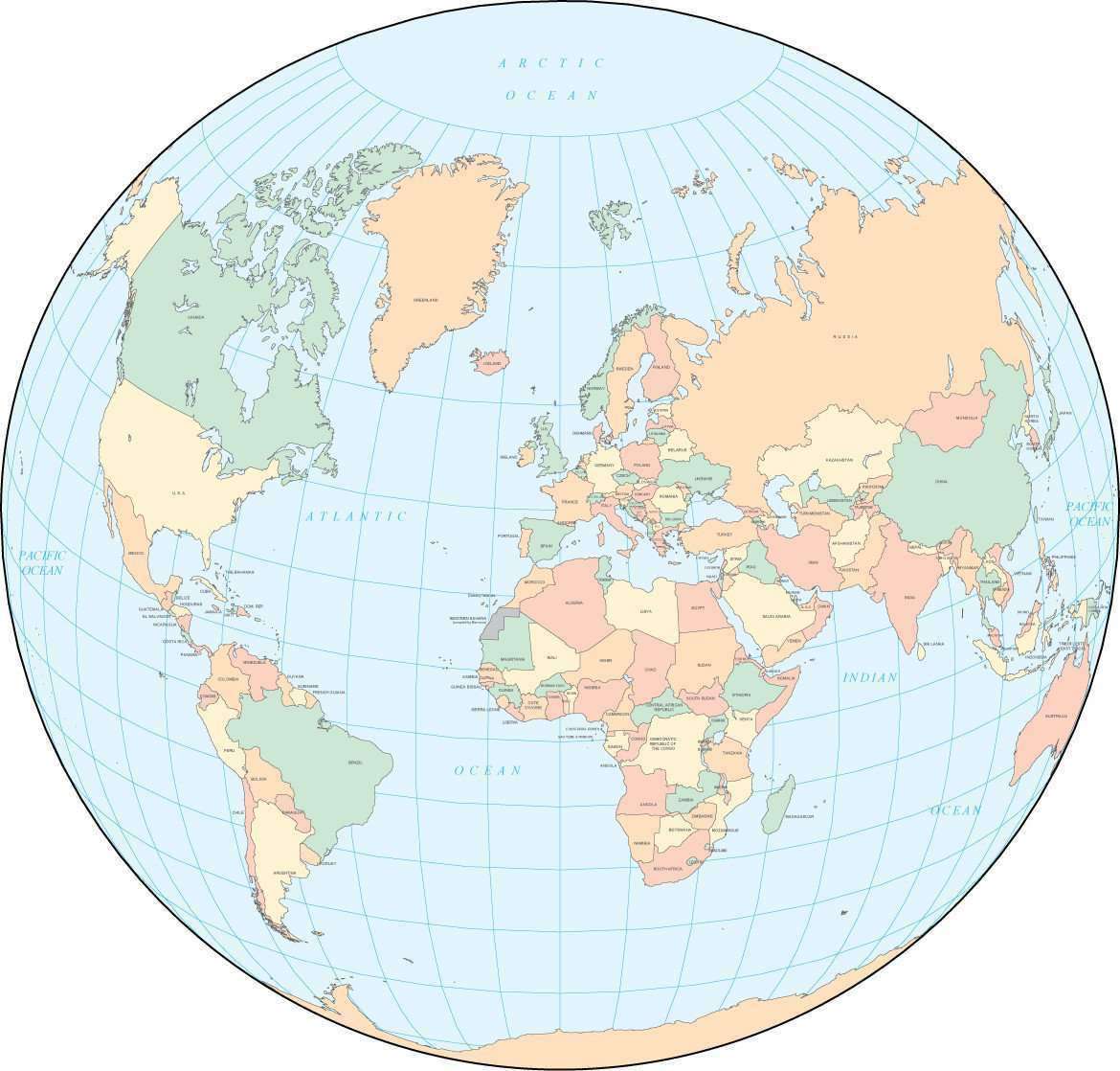 World Map - Multi Color, World-in-a-Circle, with Countries