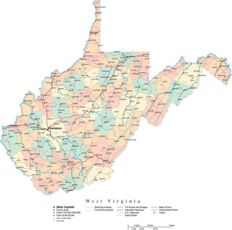 West Virginia State Map - Multi-Color Cut-Out Style - with Counties, Cities, County Seats, Major Roads, Rivers and Lakes