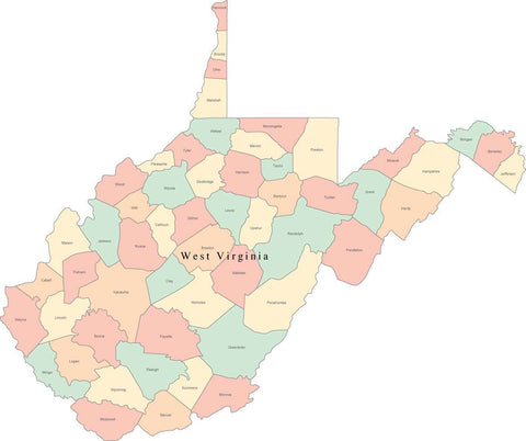 Multi Color West Virginia Map with Counties and County Names