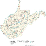 West Virginia Map - Cut Out Style - with Capital, County Boundaries, Cities, Roads, and Water Features