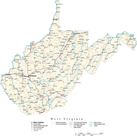 West Virginia Map - Cut Out Style - with Capital, County Boundaries, Cities, Roads, and Water Features