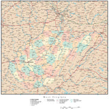 West Virginia Map with Counties, Cities, County Seats, Major Roads, Rivers and Lakes