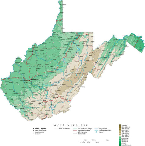 West Virginia Map  with Contour Background - Cut Out Style