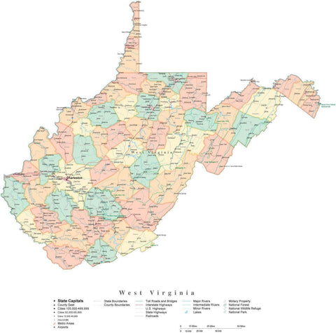 Detailed West Virginia Cut-Out Style Digital Map with Counties, Cities, Highways, and more