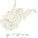 Detailed West Virginia Cut-Out Style Digital Map with County Boundaries, Cities, Highways, and more