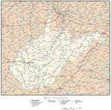 West Virginia Map with Capital, County Boundaries, Cities, Roads, and Water Features