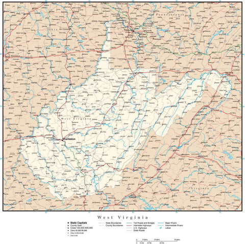 West Virginia Map with Capital, County Boundaries, Cities, Roads, and Water Features