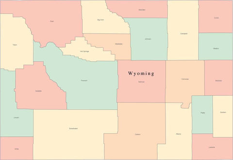 Multi Color Wyoming Map with Counties and County Names