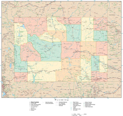 Detailed Wyoming Digital Map with Counties, Cities, Highways, Railroads, Airports, and more