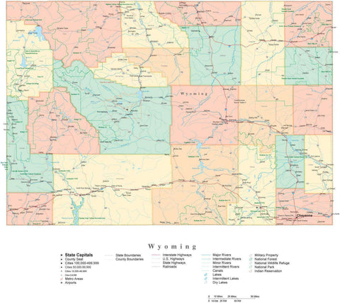 Detailed Wyoming Cut-Out Style Digital Map with Counties, Cities, Highways, and more