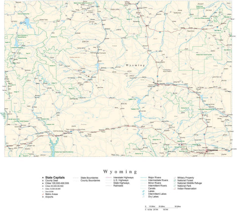 Detailed Wyoming Cut-Out Style Digital Map with County Boundaries, Cities, Highways, and more