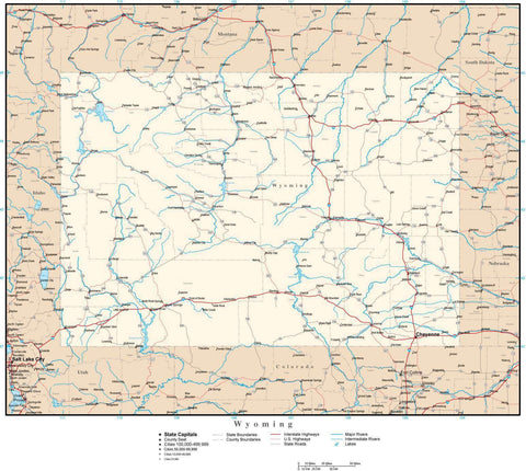 Wyoming Map with Capital, County Boundaries, Cities, Roads, and Water Features