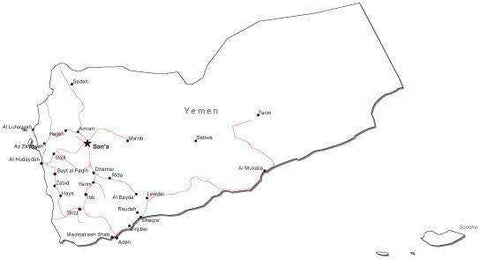 Yemen Black & White Map with Capital Major Cities and Roads