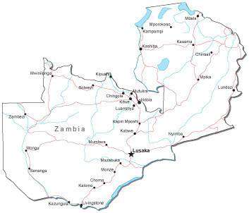 Zambia Black & White Map with Capital, Major Cities, Roads, and Water Features