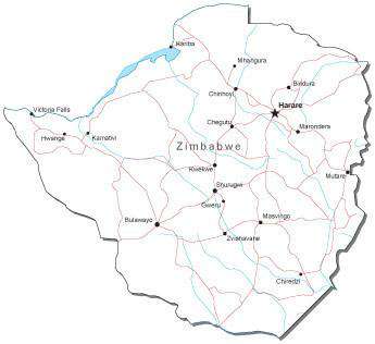 Zimbabwe Black & White Map with Capital, Major Cities, Roads, and Water Features