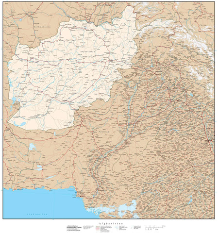 High Detail Afghanistan Map - 22 inches by 24 inches