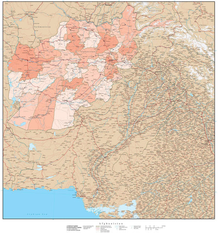 High Detail Afghanistan with Provinces Map - 22 inches by 24 inches
