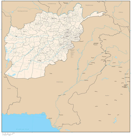 Afghanistan with Provinces & Districts Map - 22 inches by 24 inches
