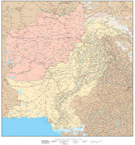 High Detail Afghanistan & Pakistan Map - 22 inches by 24 inches