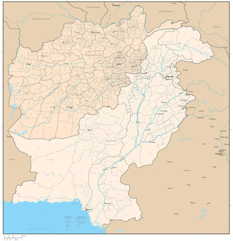 Afghanistan & Pakistan with Provinces & Districts Map - 22 inches by 24 inches