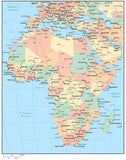 Multi Color Africa Map with Countries, Capitals, Major Cities and Water Features