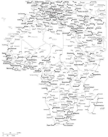 Black & White Africa Map with Countries, Capitals and Major Cities - AFRICA-533905