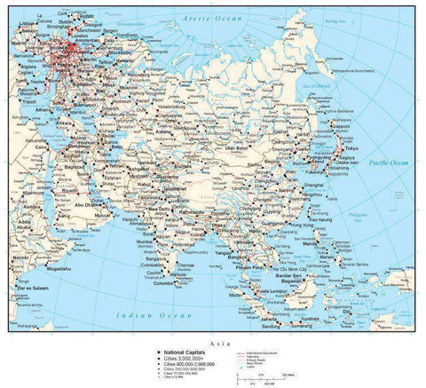 Asia Map with Country Borders, Cities, Roads and Water Features