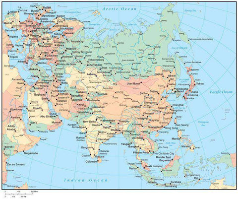 Multi Color Asia Map with Countries, Capitals, Major Cities and Water Features
