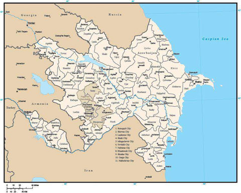 Azerbaijan Digital Vector Map with Administrative Areas and Capitals