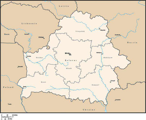 Belarus Digital Vector Map with Administrative Areas and Capitals