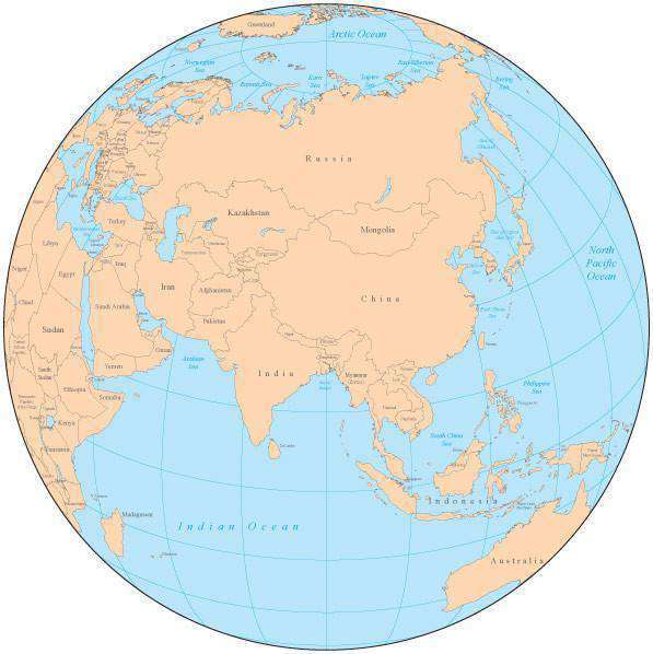 Map Of Whole Asia Single Color Globe Over Asia Map With Countries