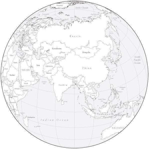Black & White Globe over Asia Map with Countries