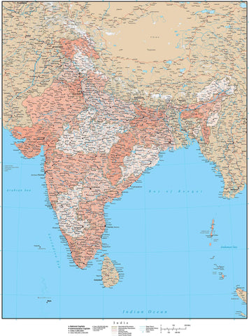 High Detail India Map with States & Union Territories - 17 inches by 22 inches