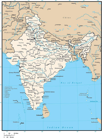 India Digital Vector Map with Administrative Areas and Capitals