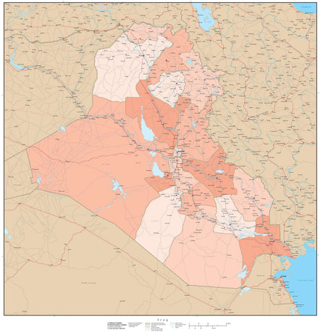 High Detail Iraq Map with Governorates - 25 inches by 25 inches