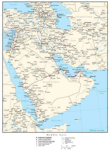 Middle East Map with Country Boundaries, Capitals, Cities, Roads and Water Features