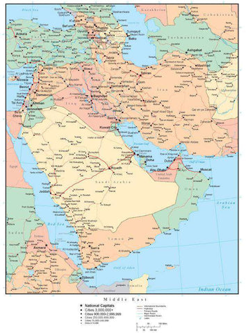 Middle East Map with Country Boundaries, Capitals, Cities, Roads and Water Features