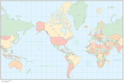 Digital World Map Americas Centered, with Countries - Multi-Color