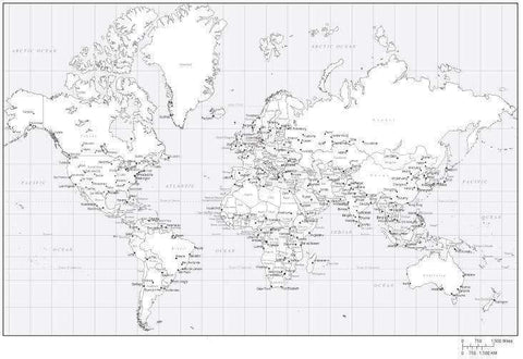 Black & White World Map with Countries and Major Cities - MC-EUR-253544