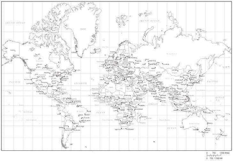 World Map Black & White with Countries, Capitals, and Major Cities - Mercator - MC-EUR-253551