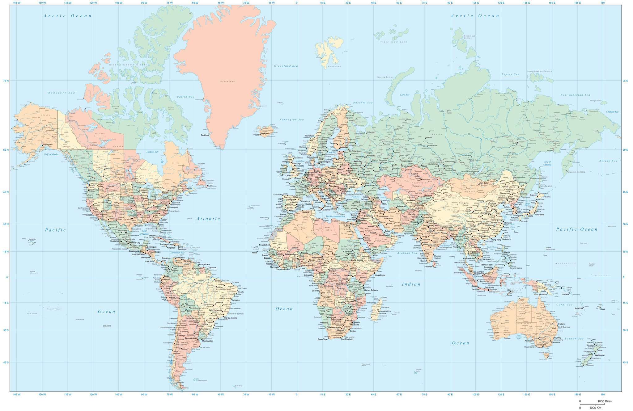 Blue vector world map complete with all countries and capital