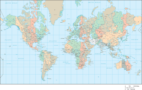 World Map with Time Zones - Mercator Projection