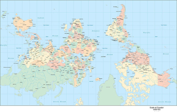 World Map - Upside-Down with Countries in Adobe Illustrator Formt