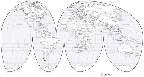 Black & White World Map with Countries  Capitals and Major Cities - MW-INT-253477