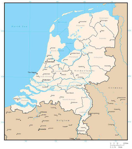 Netherlands Digital Vector Map with Province Areas and Capitals