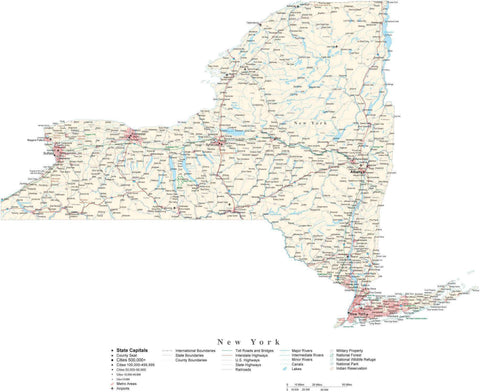 Detailed New York State Cut-Out Style Digital Map with County Boundaries, Cities, Highways, and more