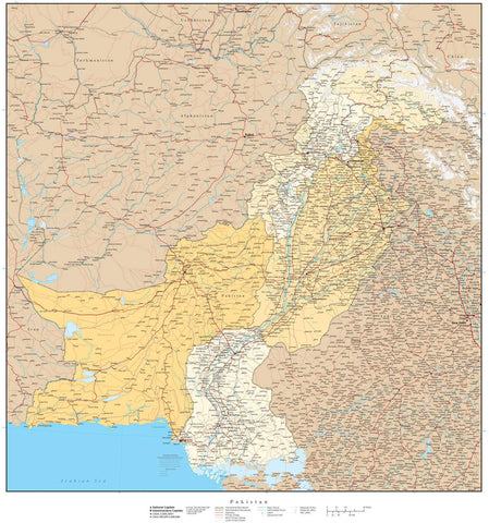 High Detail Pakistan with Provinces & Districts Map - 22 inches by 24 inches